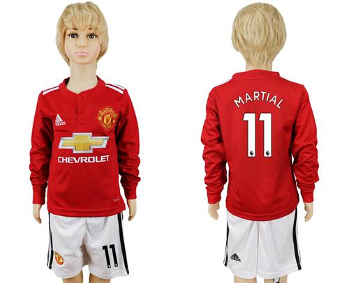 Manchester United #11 Martial Home Long Sleeves Kid Soccer Club Jersey